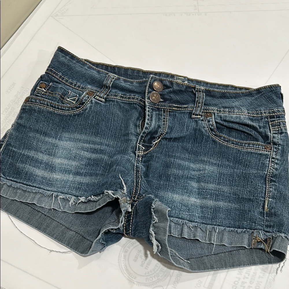 Wallflower Blue Jean Shorts with Frayed Hem - Picture 2 of 7